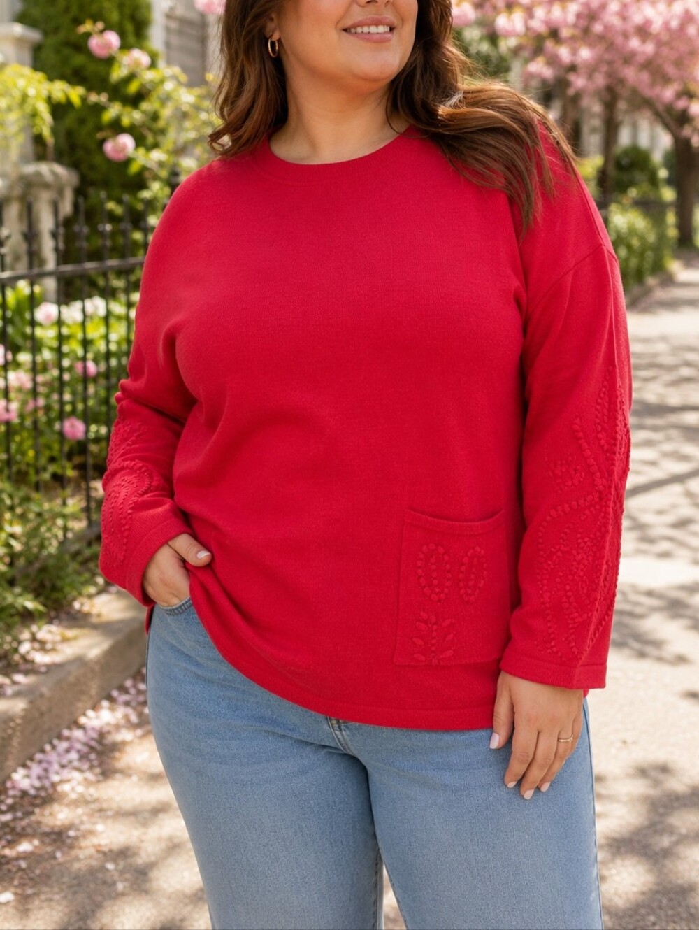 NWT Ness Red Textured Knit Sweater | Floral Sleeve Detail Pocket Pullover Cozy